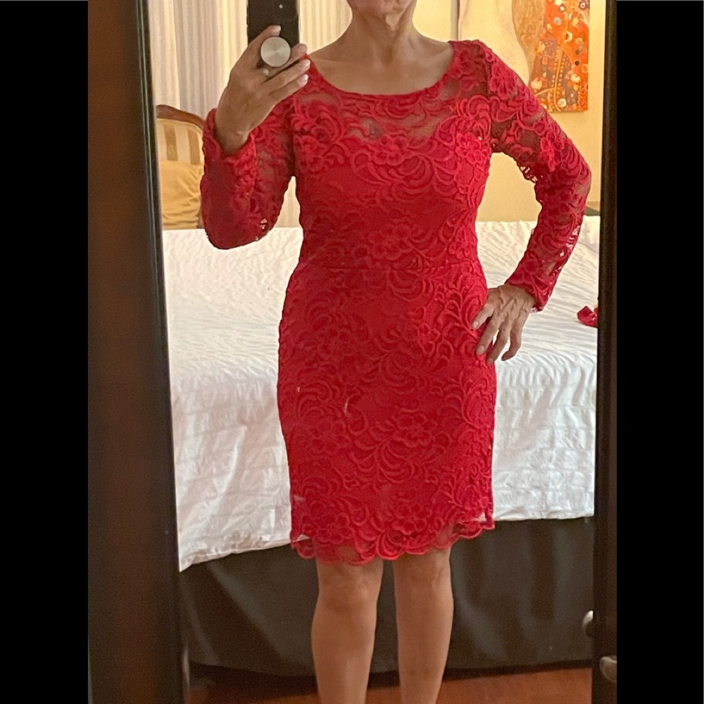 H&M red, long sleeve lace dress.